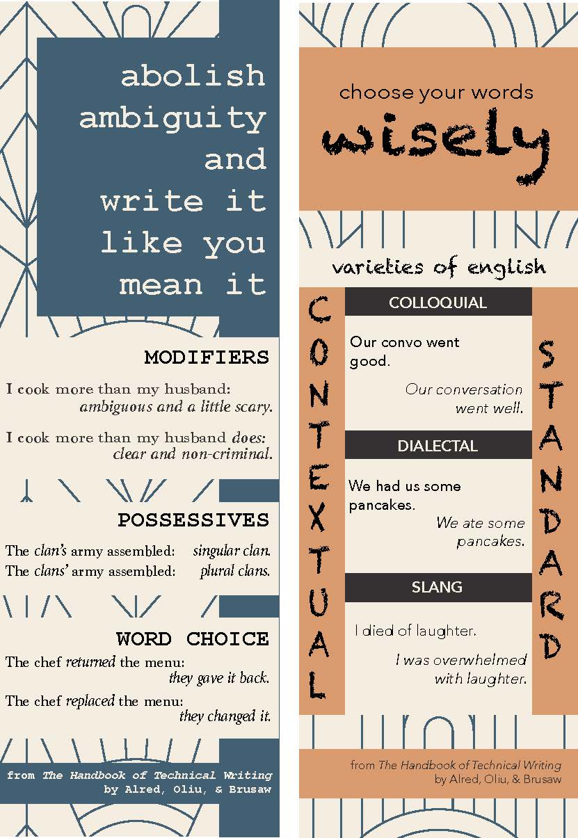 Two bookmarks, side by side, one of which is a gray-blue and cream, and the other is orange and cream.