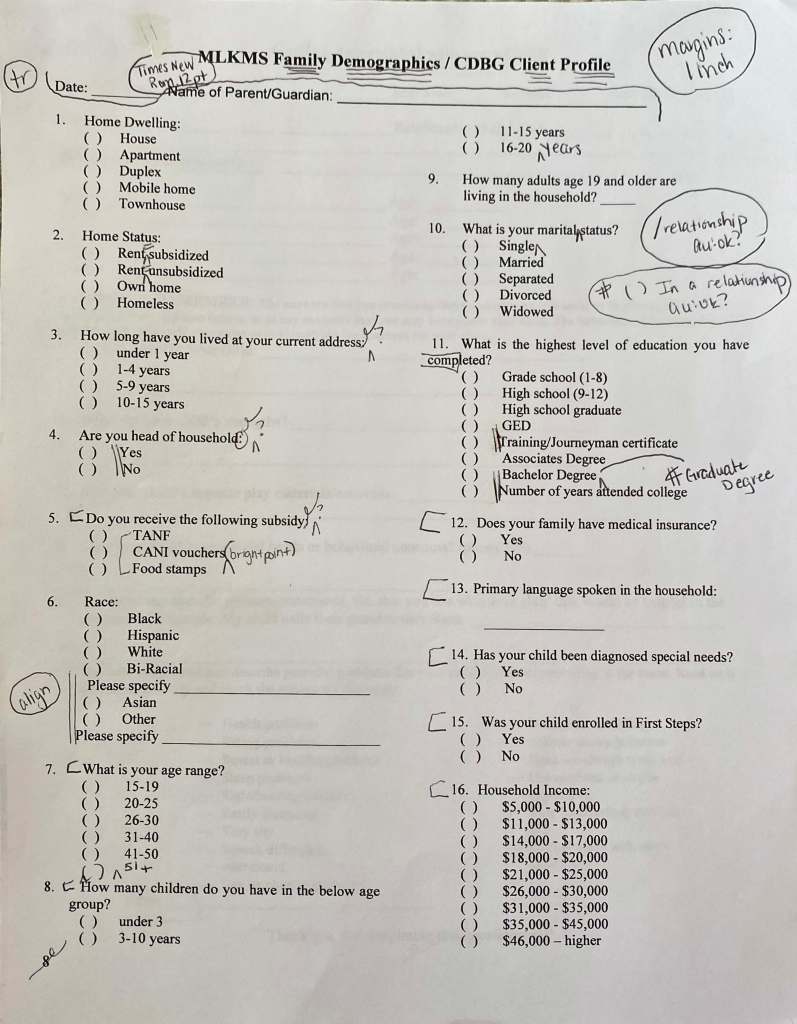 Client profile marked-up with hand edits.