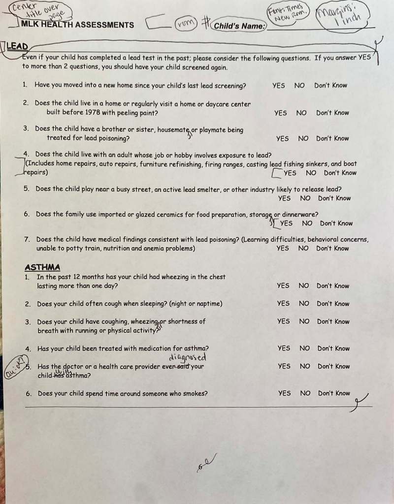 Original health assessment marked-up with hand edits.