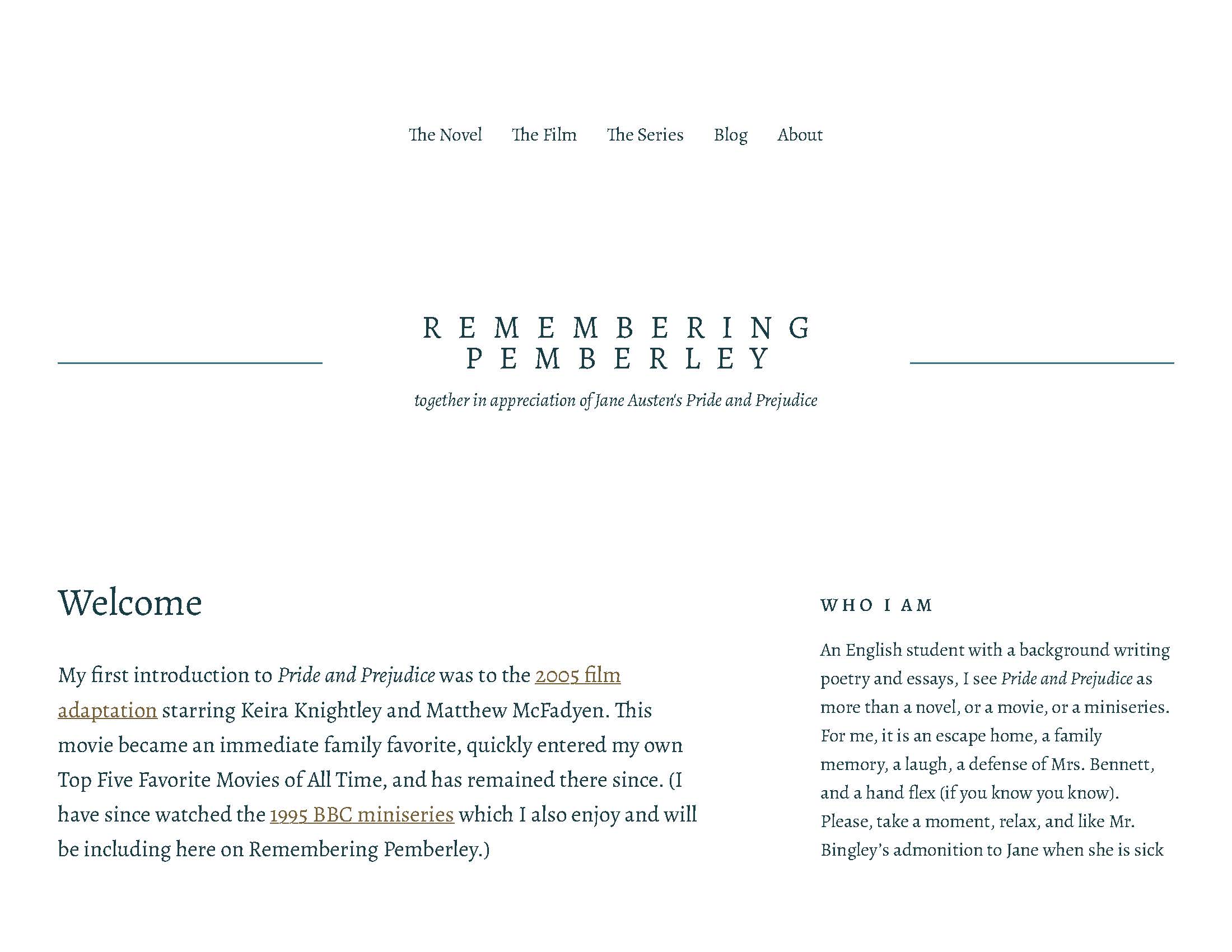 Snapshot of webpage "Remembering Pemberley"