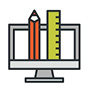 Colorful graphic of pencil, ruler, and computer monitor.