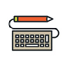 Colorful graphic of pen connected to computer keyboard.